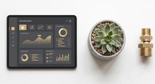 Tablet con dashboard di monitoraggio, pianta e raccordo in ottone